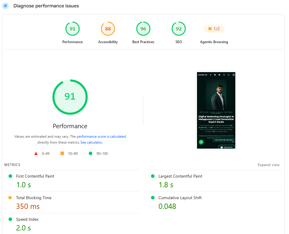 PageSpeed Insights 90+ Score for anshidck.com
